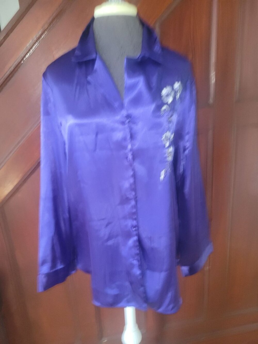 Inner Most Purple Satin Button-Up Shirt With Floral Embroidery & Long Sleeves